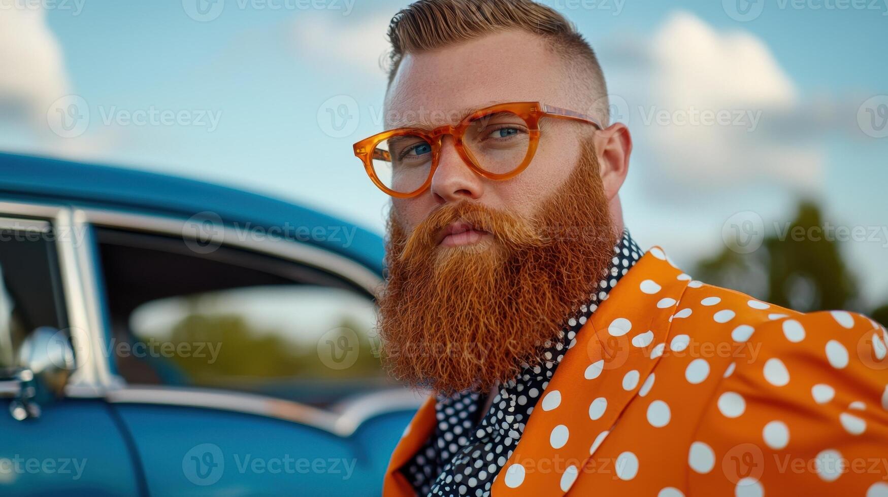 A man with a red beard and glasses is standing next to an old car photo