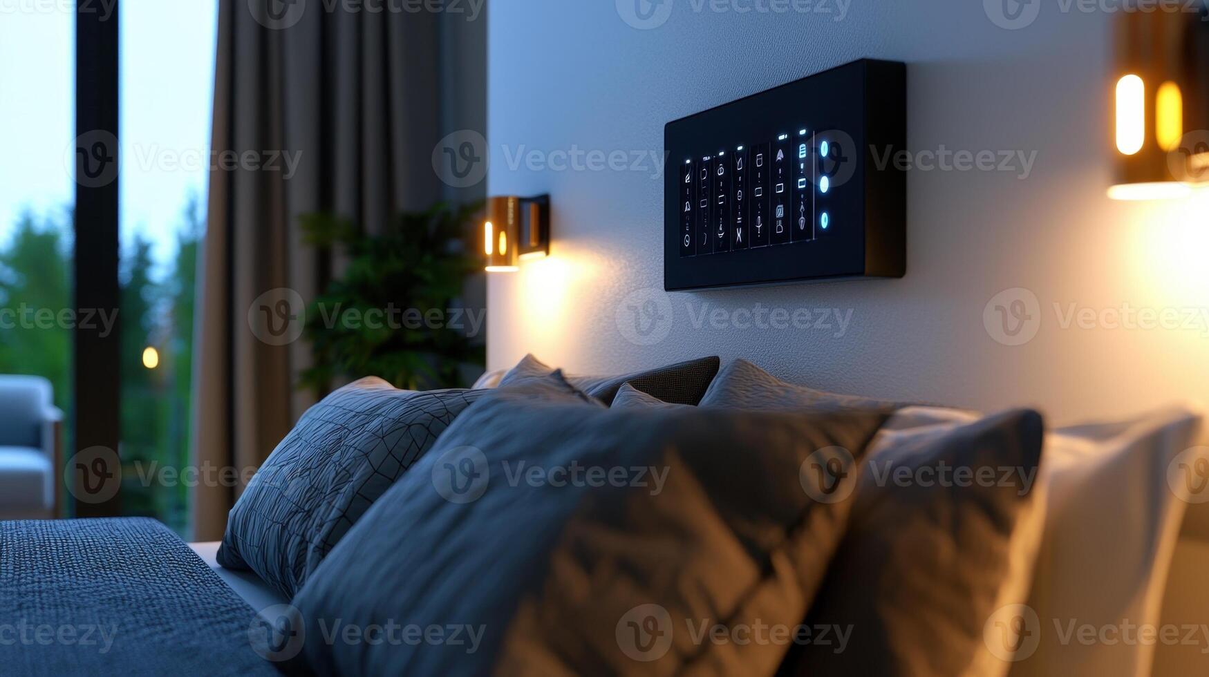 A bedroom with a bed and two lamps photo
