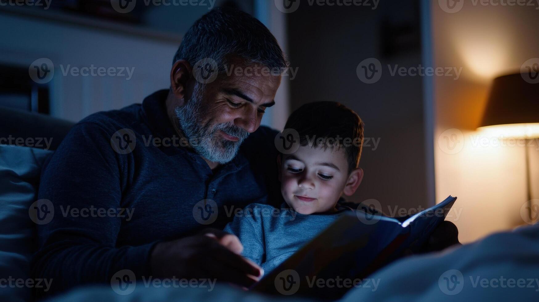 A man and boy reading a book at night photo