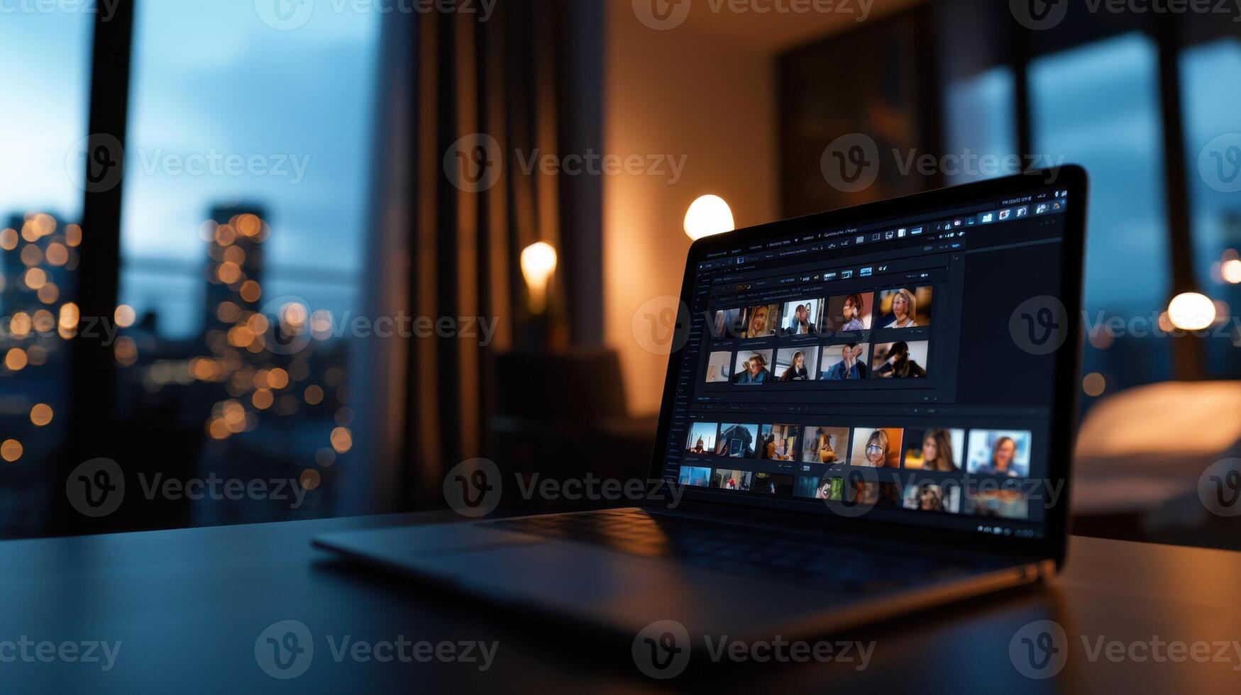 A laptop with a on it sitting on a table photo