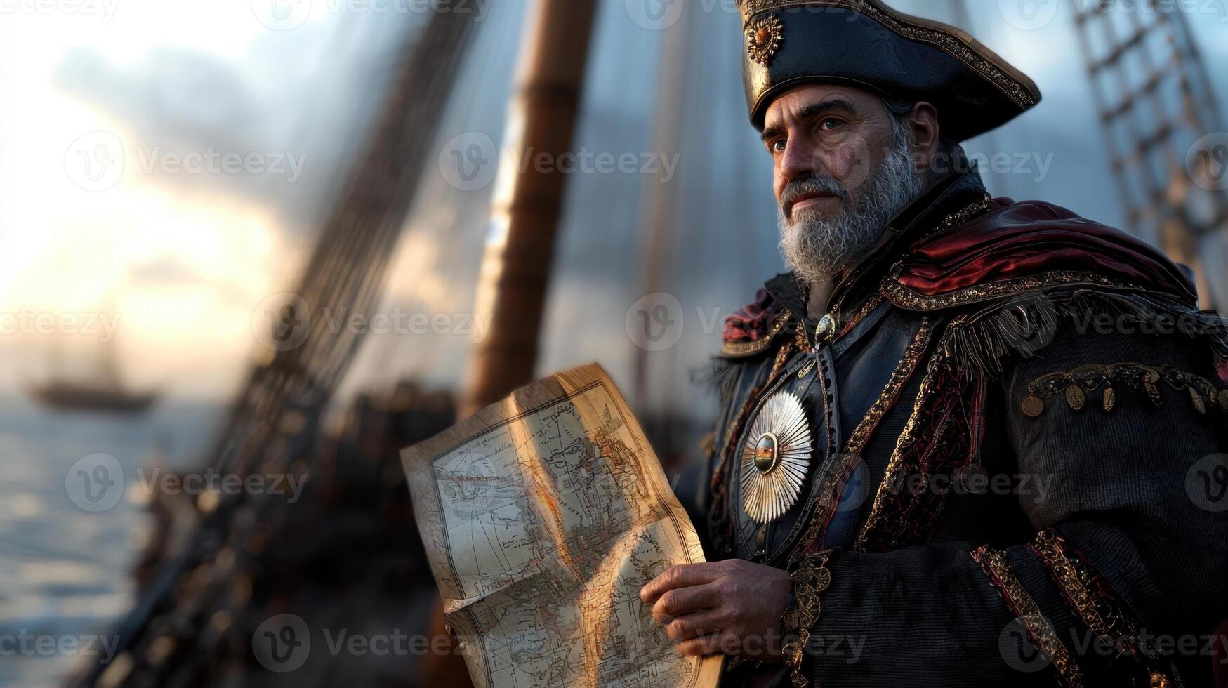 A man in a pirate costume holding a map photo