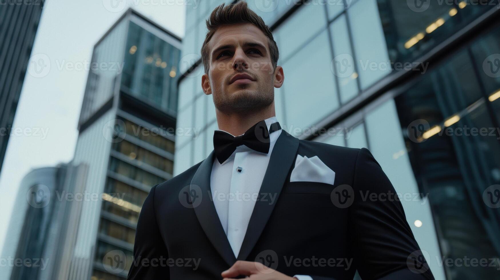 A man in a tuxedo standing in front of tall buildings photo