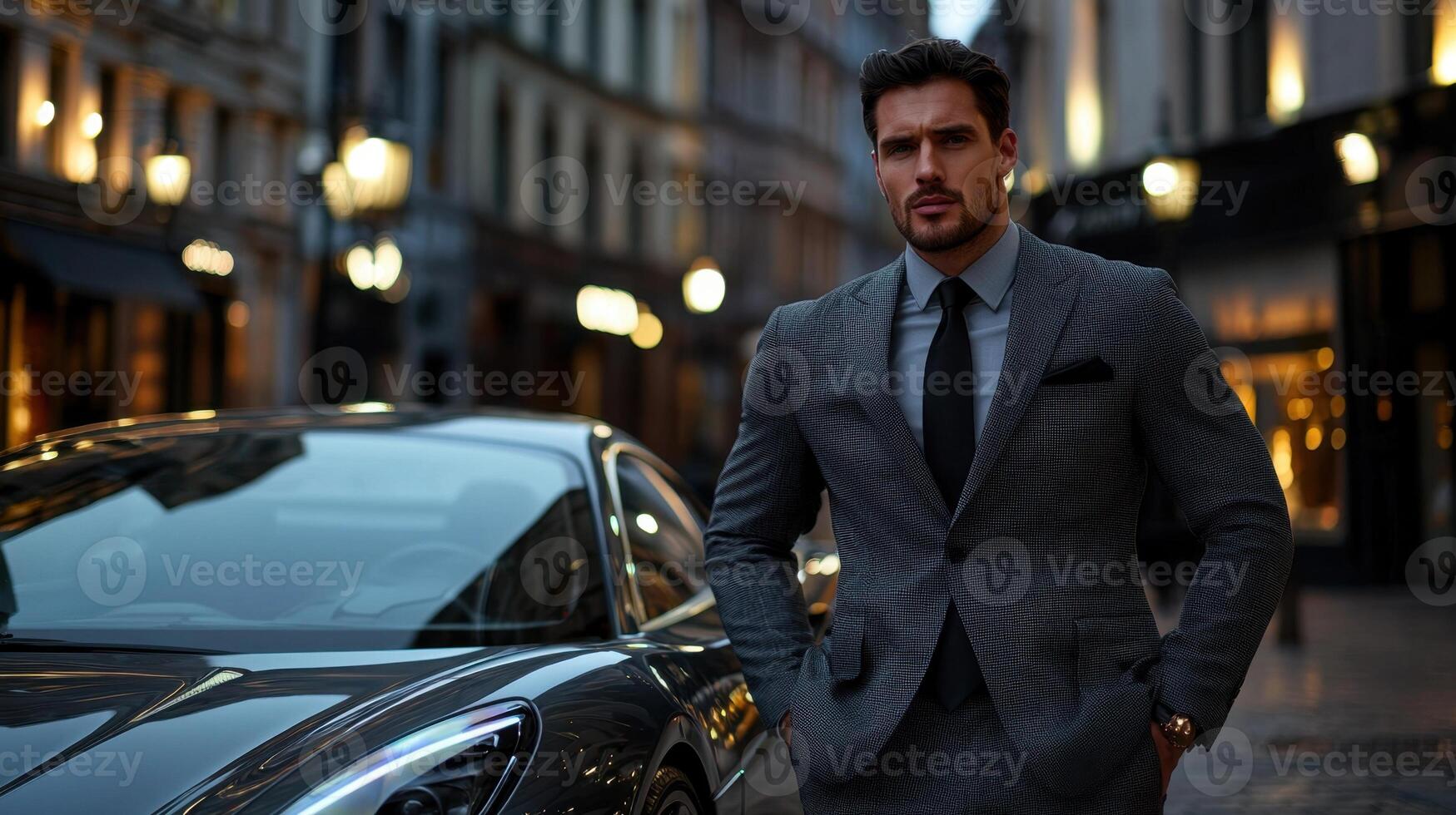A man in a suit standing next to a car photo