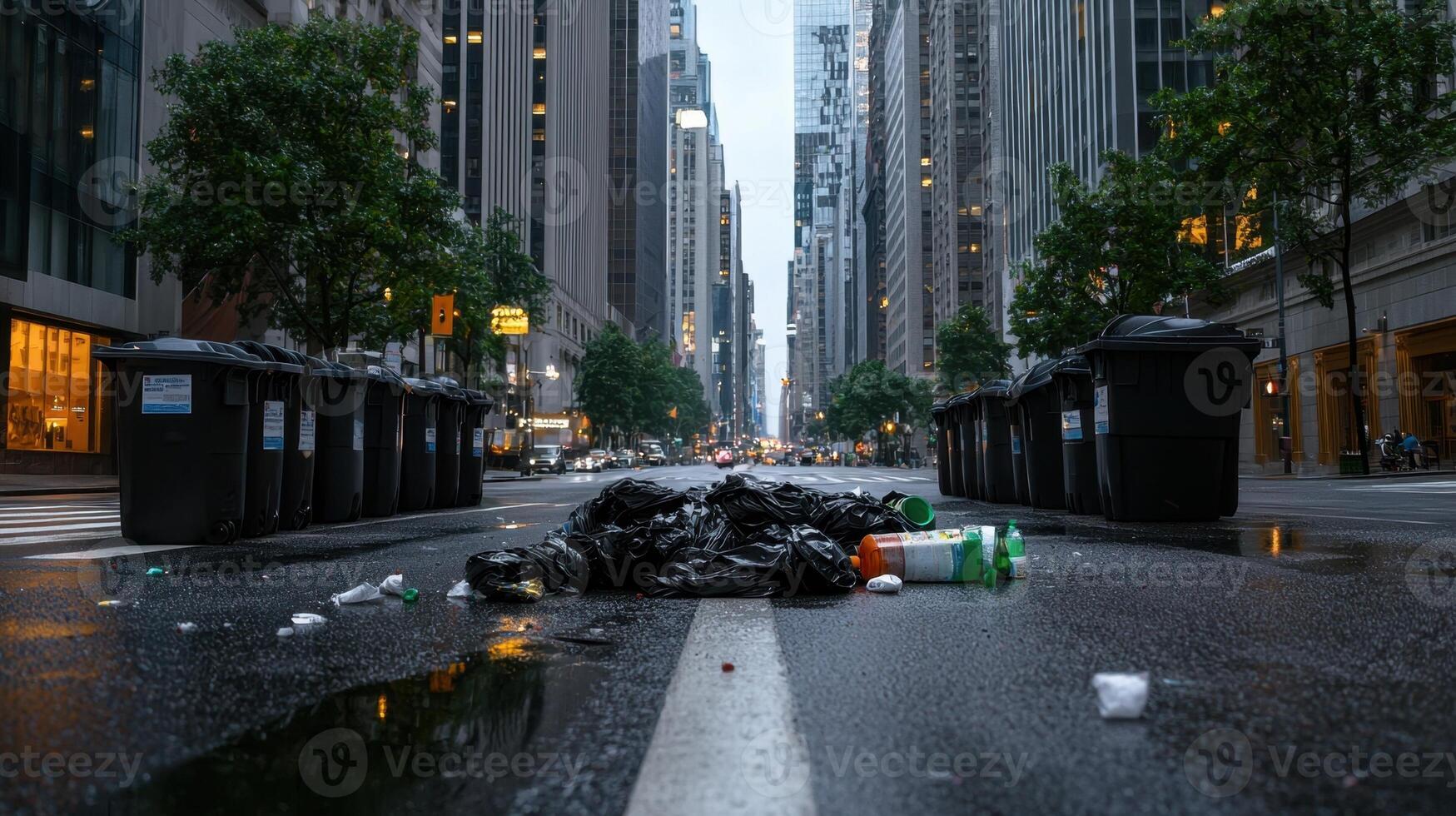 A street with trash cans and garbage on the ground photo