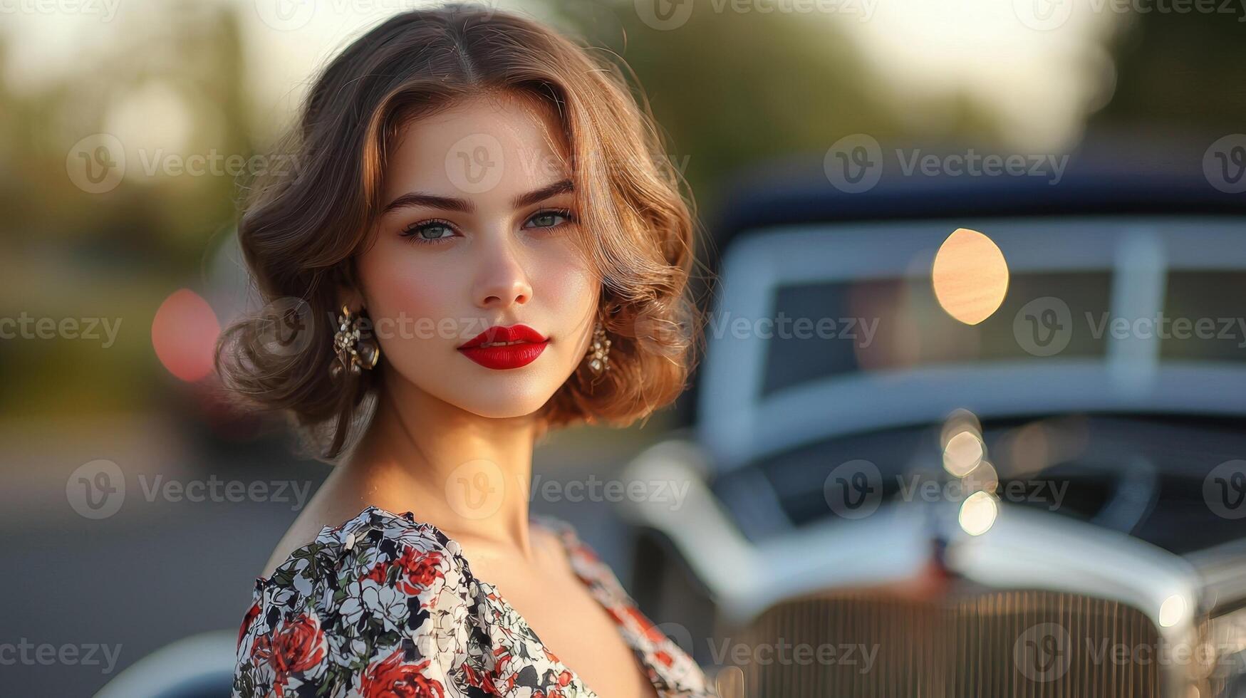 Beautiful woman with red lipstick and vintage car photo