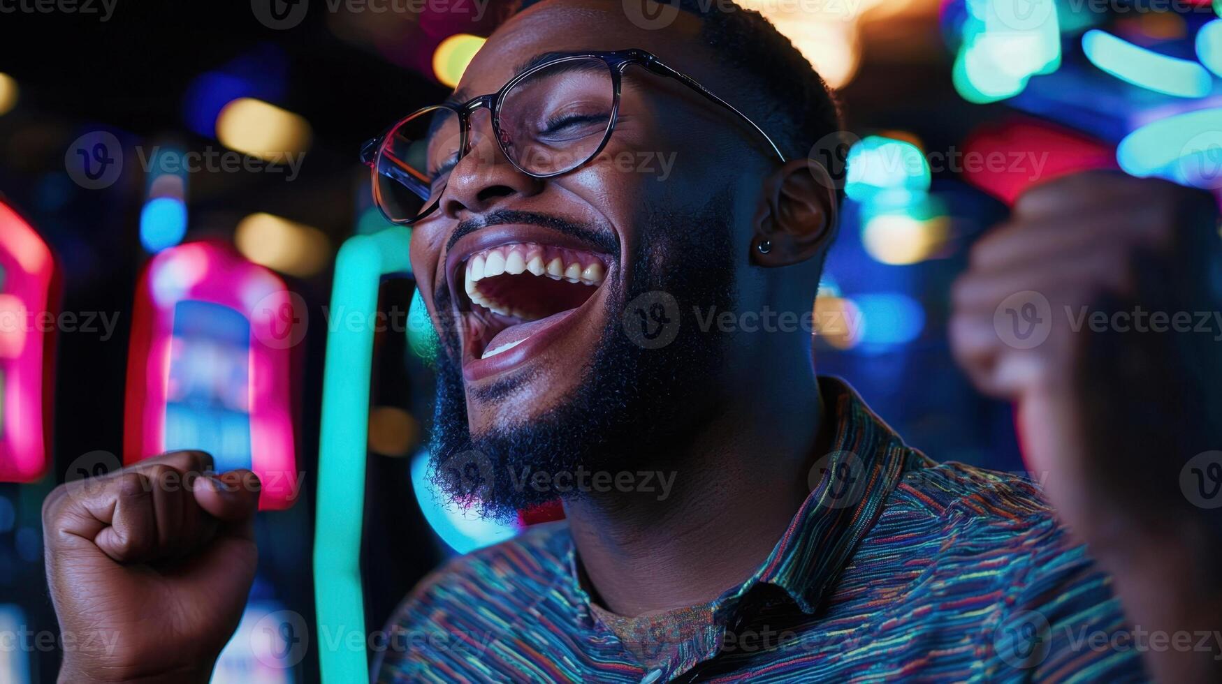 A man with glasses and a beard is laughing in front of neon lights photo
