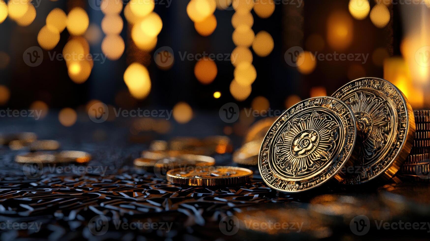 Gold coins and candles on a table photo