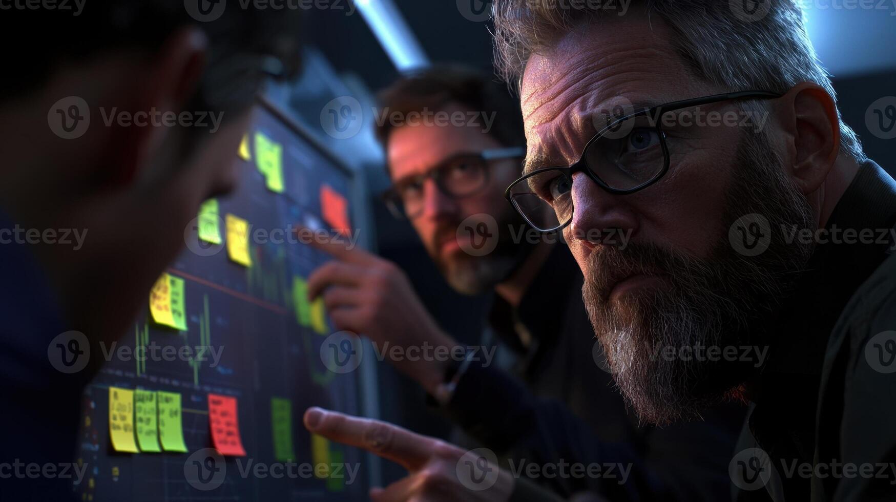 Three men in glasses are looking at a computer screen photo
