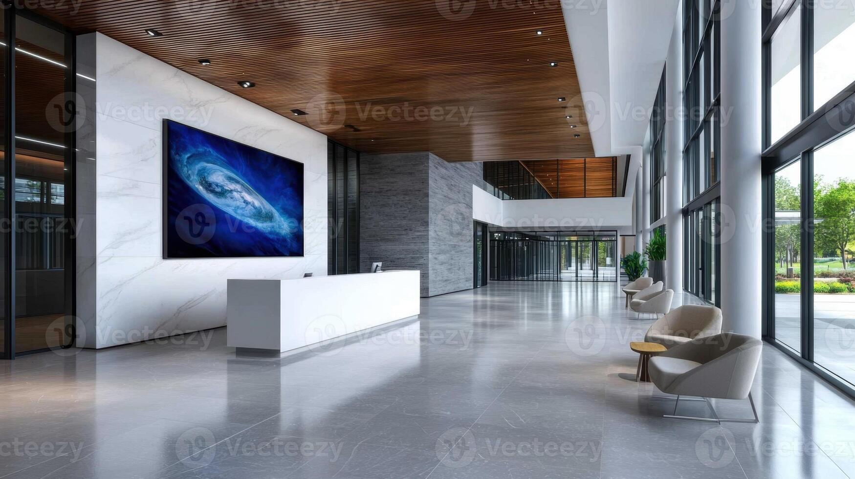 A modern office lobby with a large painting on the wall photo
