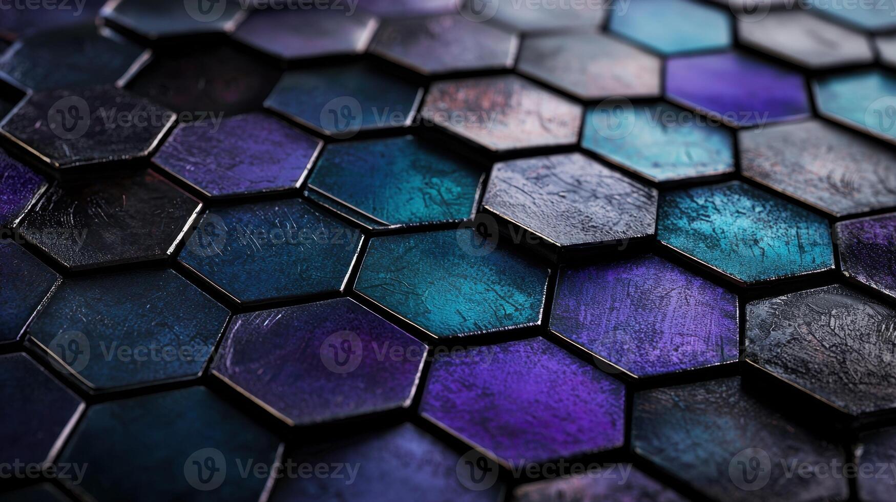 Hexagonal tiles, black and blue, with a blue and purple background photo