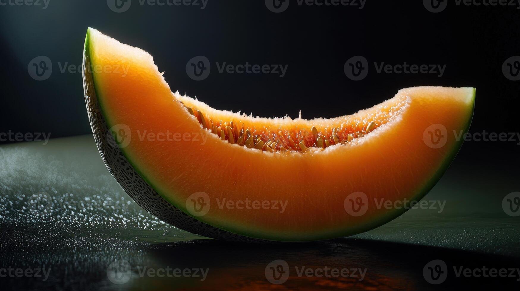 A melon slice is shown on a black background photo