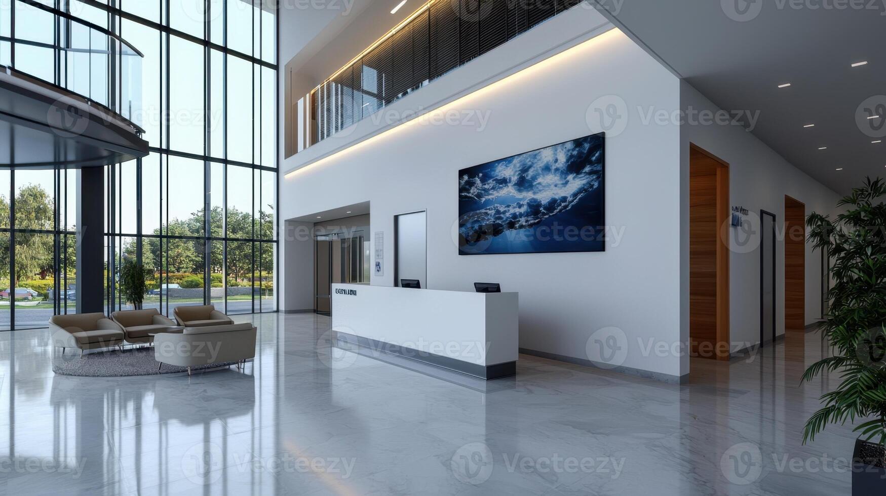 A modern office lobby with large windows and a large painting photo