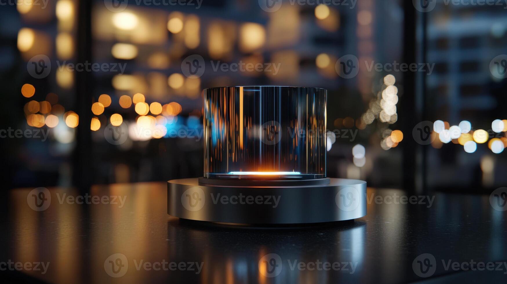 A glass lamp on a table in front of a city photo