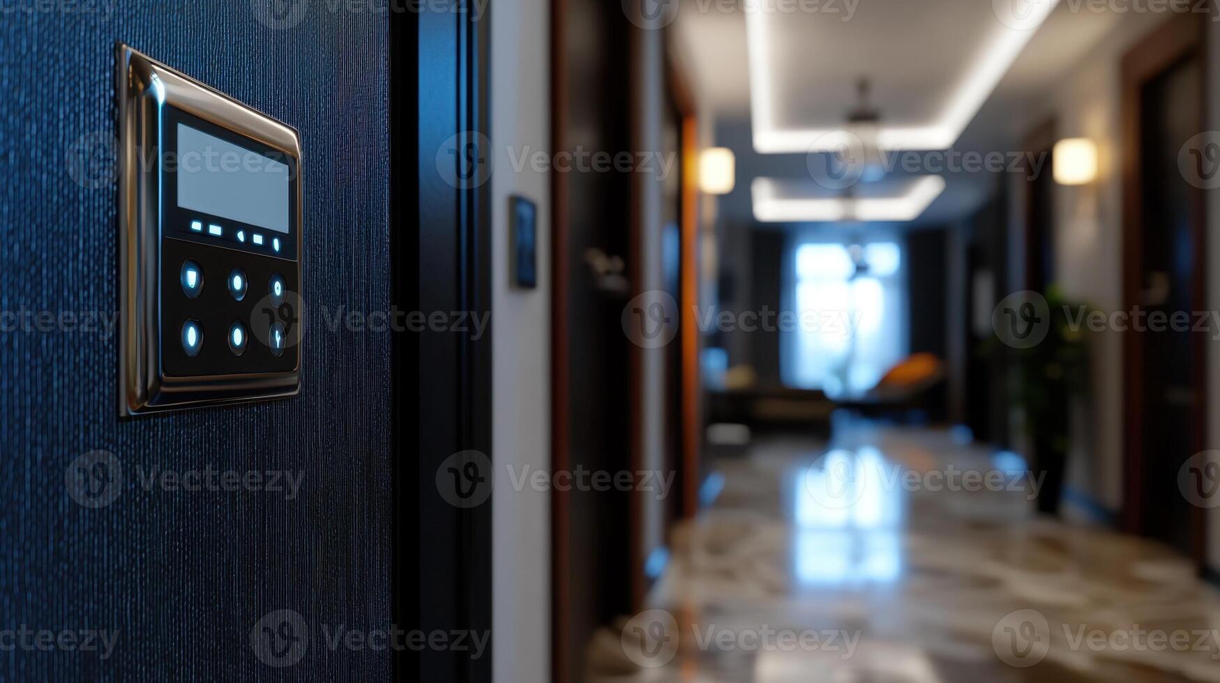 A hallway with a wall mounted control panel photo