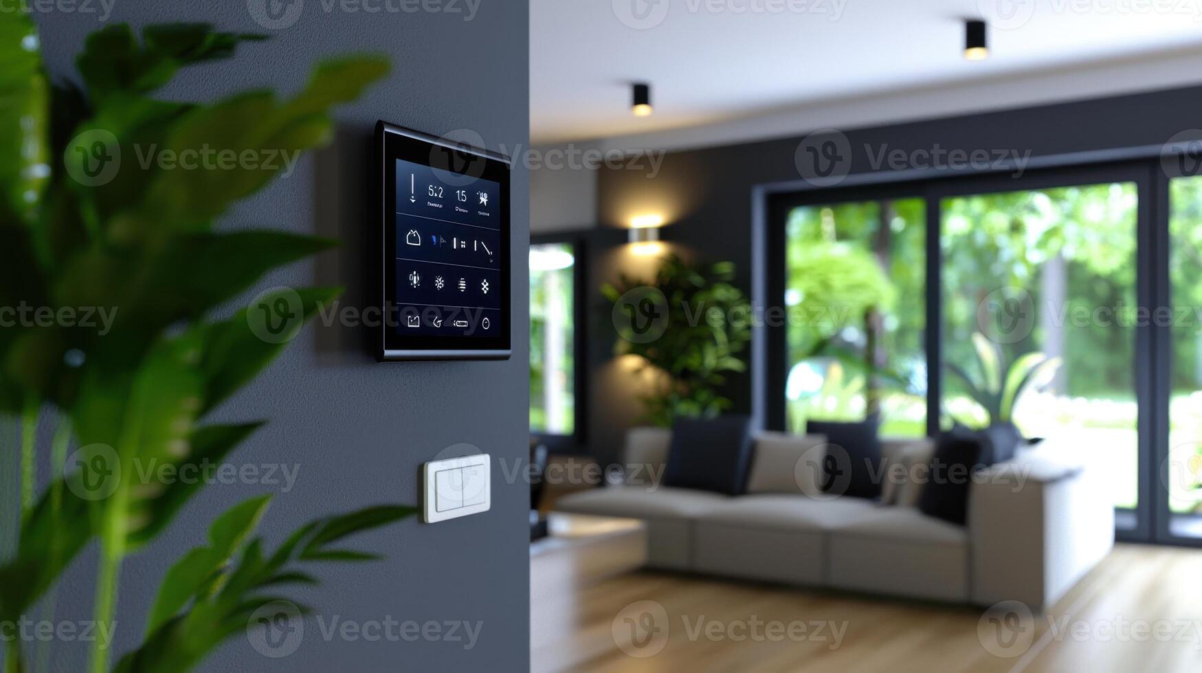 A modern living room with a smart tv on the wall photo
