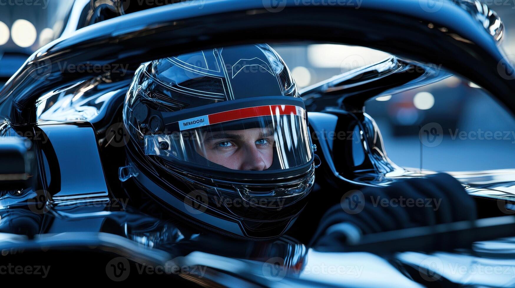 A man is driving a race car with a helmet on photo