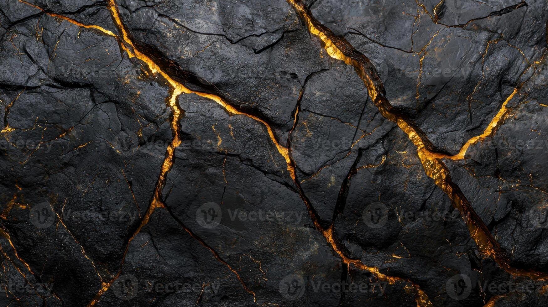 A black rock with a crack in it and gold streaks photo