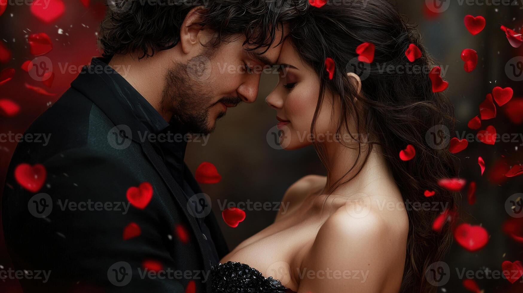 A man and woman are kissing in a black suit and a red dress photo