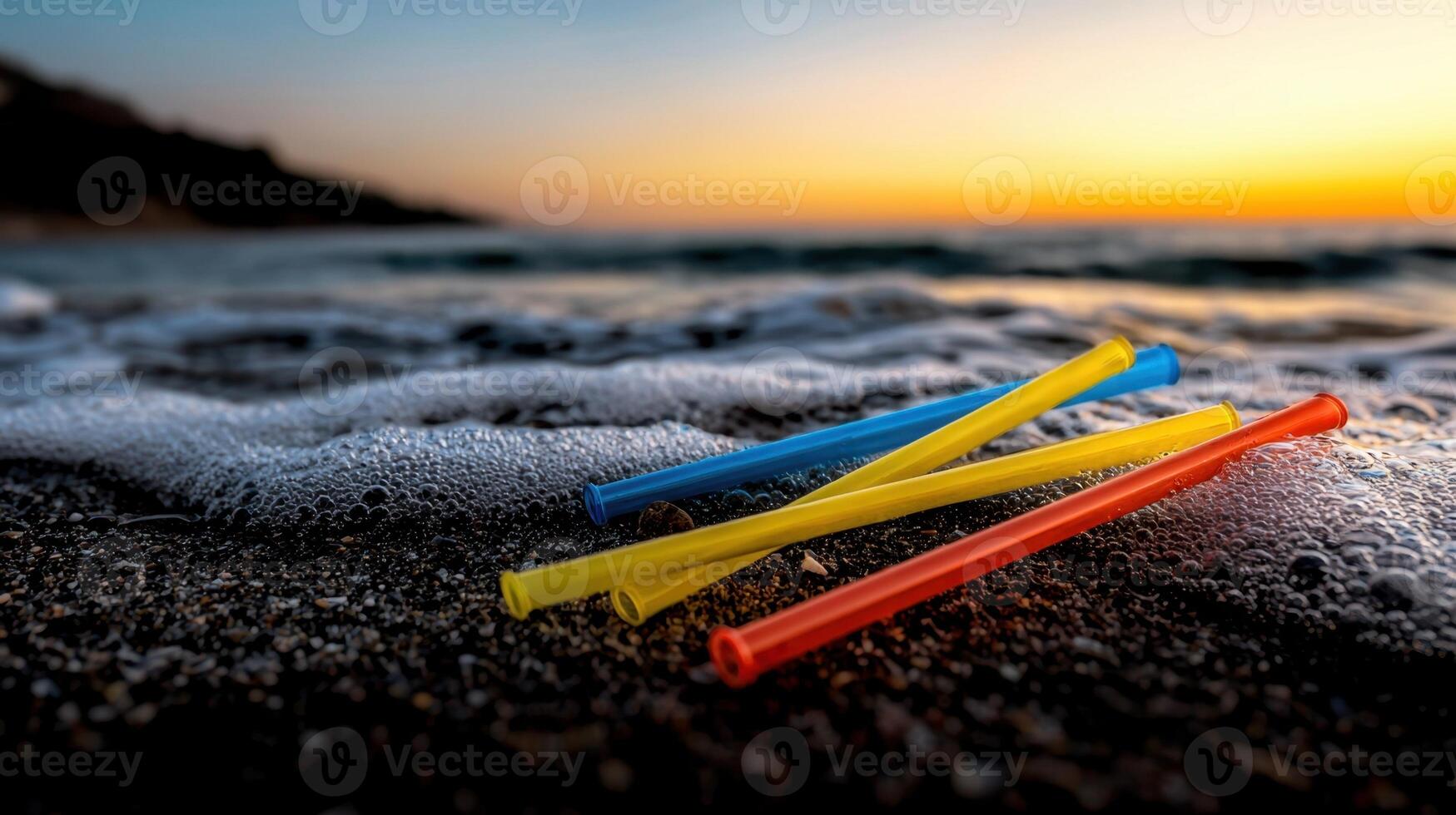 Three colorful straws laying on the beach at sunset photo
