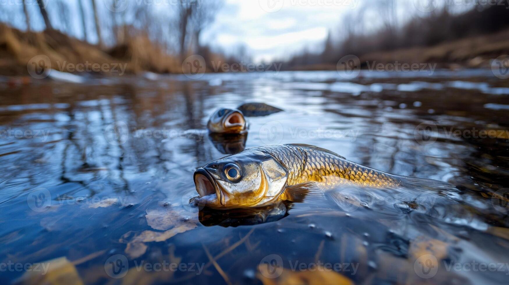 Two fish are swimming in a river with one of them having its mouth open photo