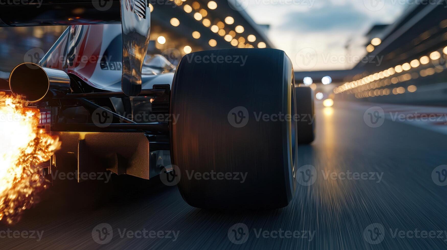 A race car is speeding down a track with a fire coming out of the back photo