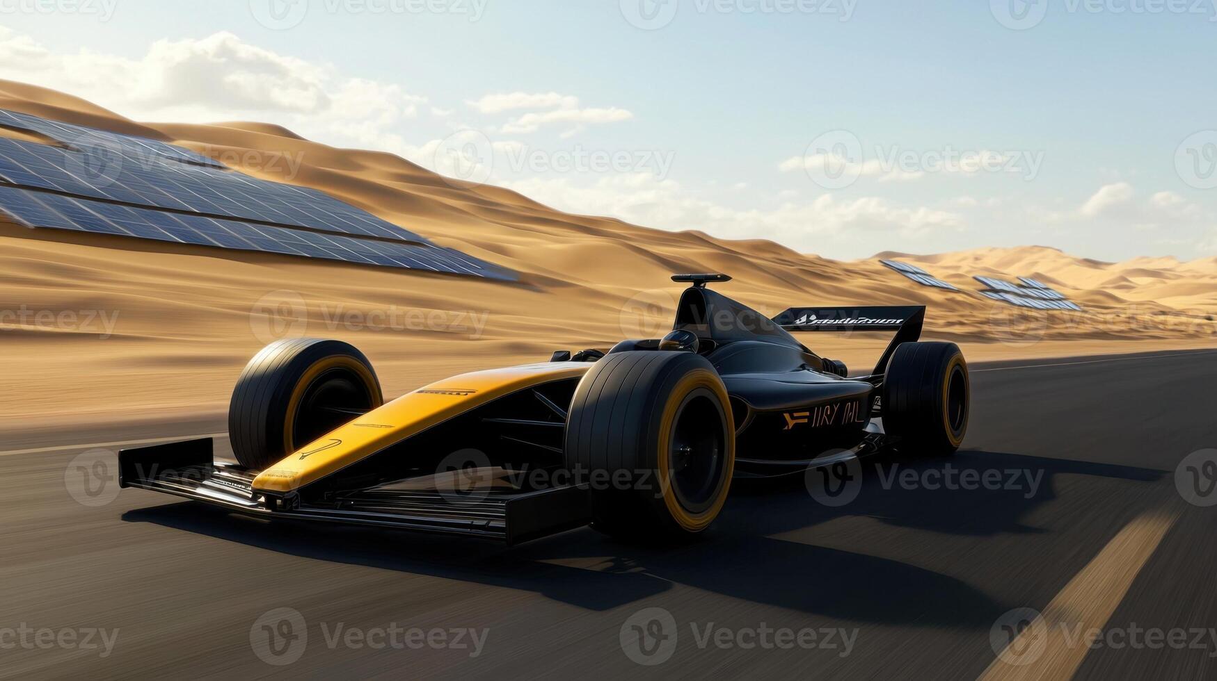 A black and yellow race car is speeding down a desert road photo