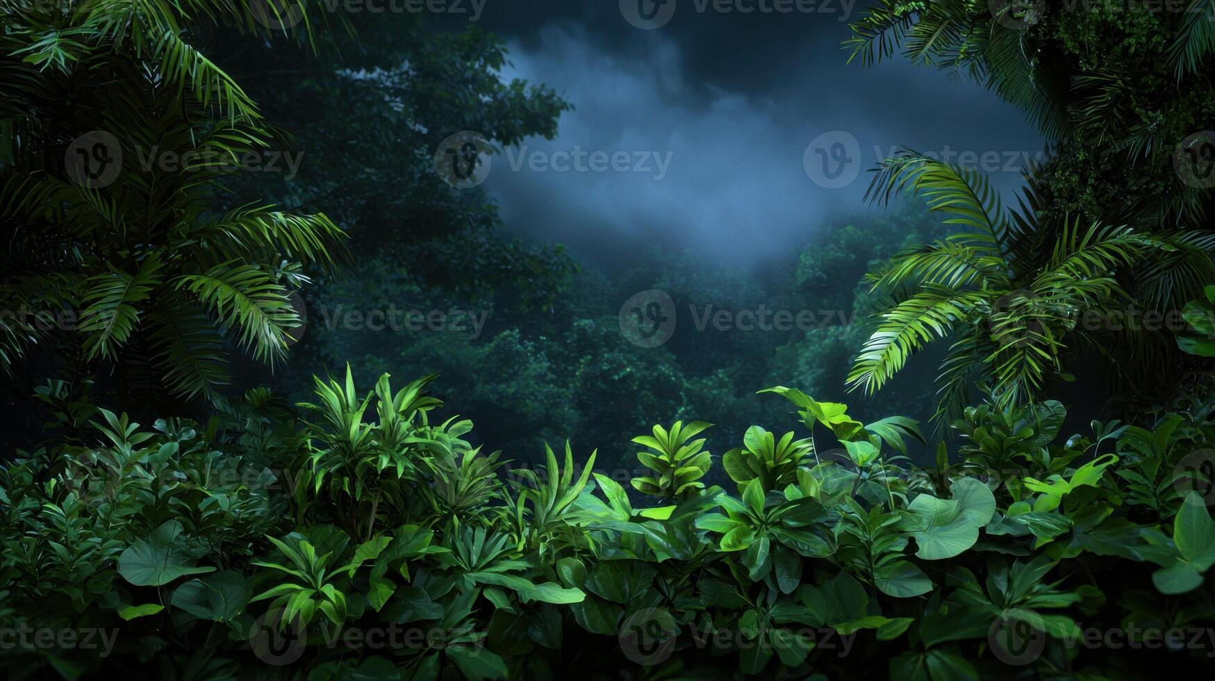 A lush green jungle with a cloudy sky in the background photo