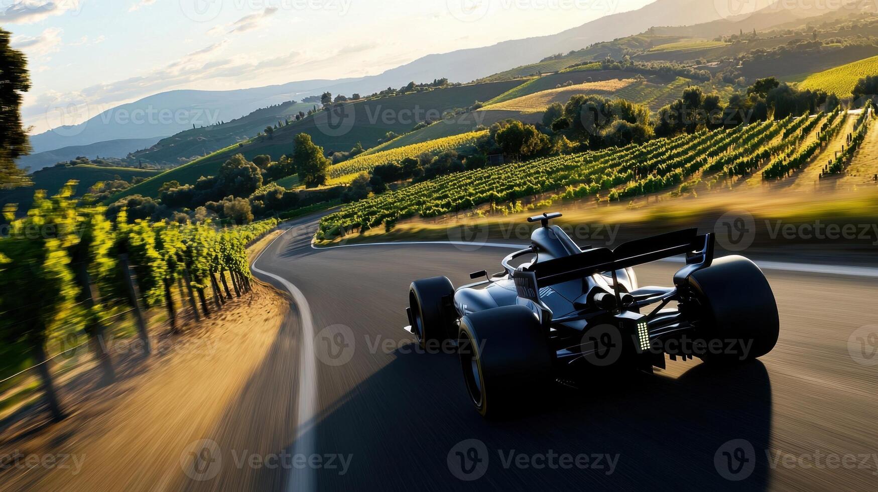 A racing car driving down a road with vineyards in the background photo