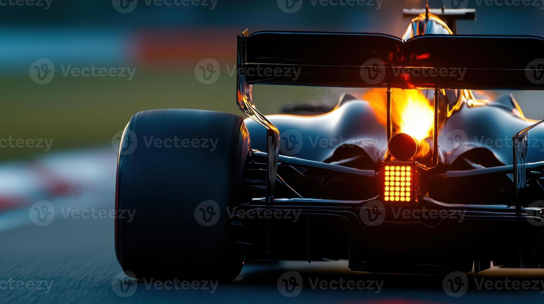 A black race car with a bright orange tail light photo