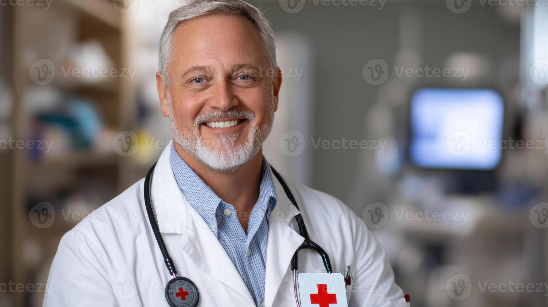 A smiling doctor wearing a white coat and a red cross on his jacket photo