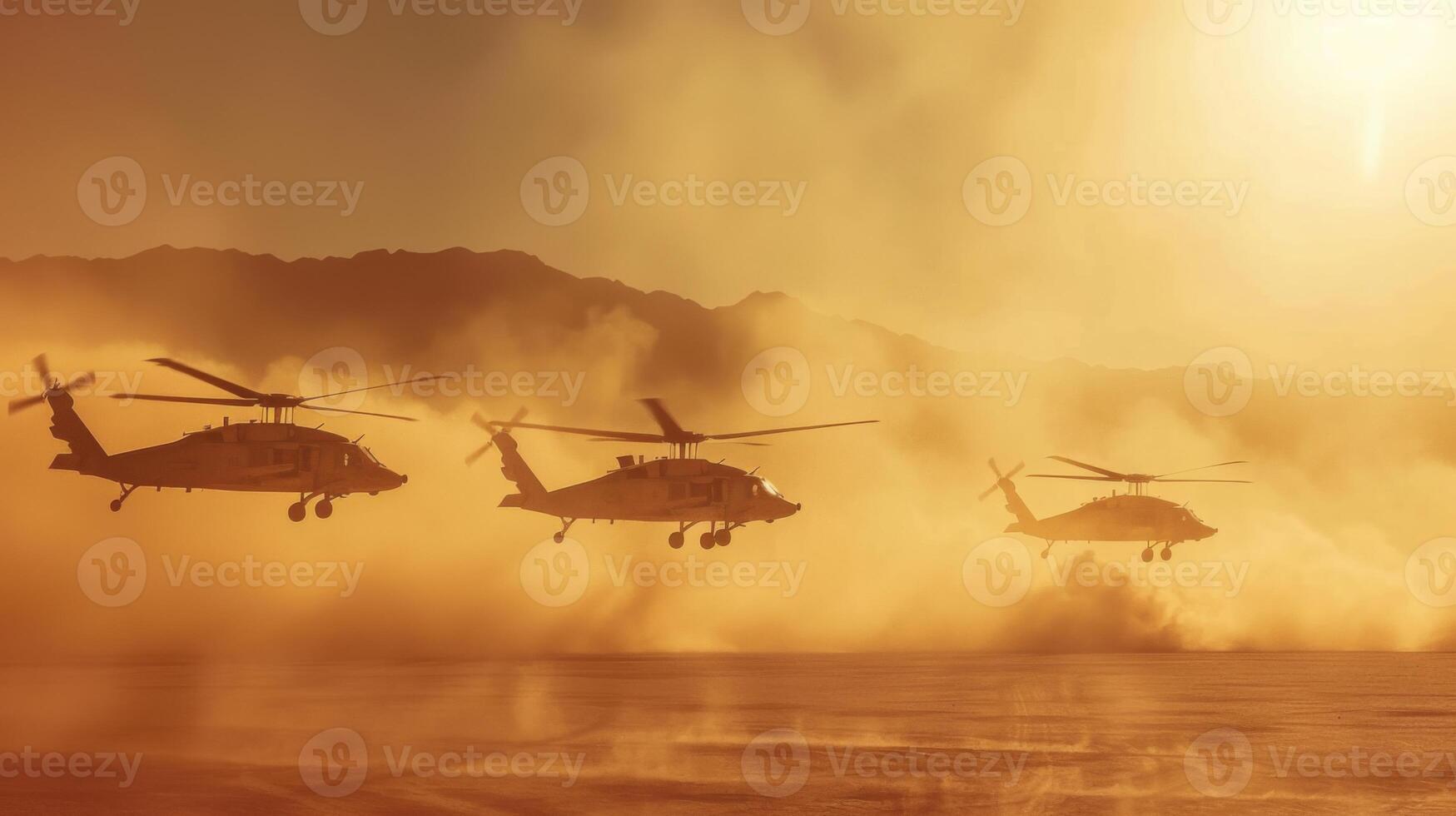 Three military helicopters fly in formation through a dusty desert as the sun sets, illuminating the scene with golden hues and emphasizing their powerful silhouettes. photo