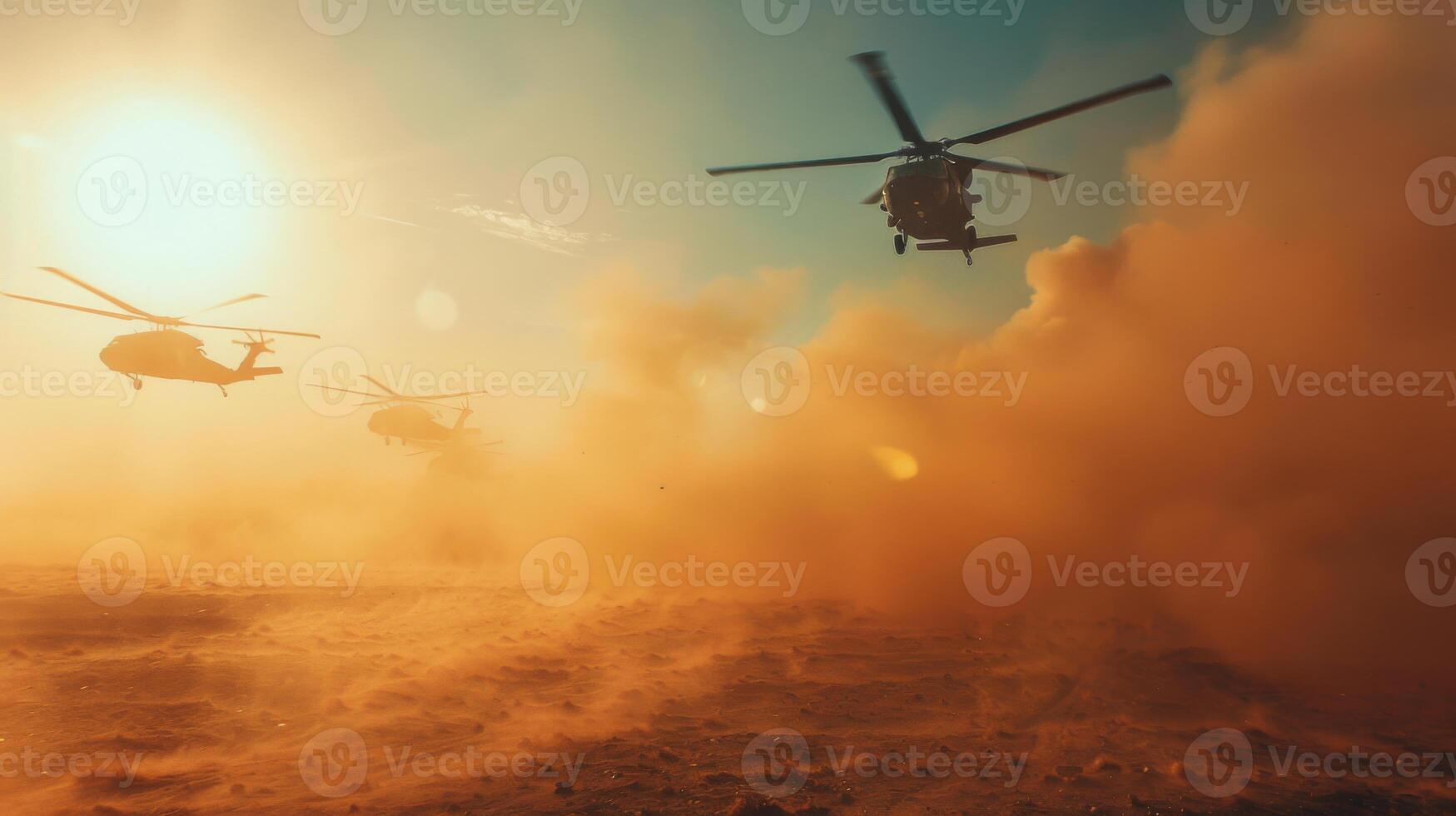 Three helicopters navigate through clouds of dust as the sun sets on the horizon, highlighting their silhouettes in a military operation setting. photo