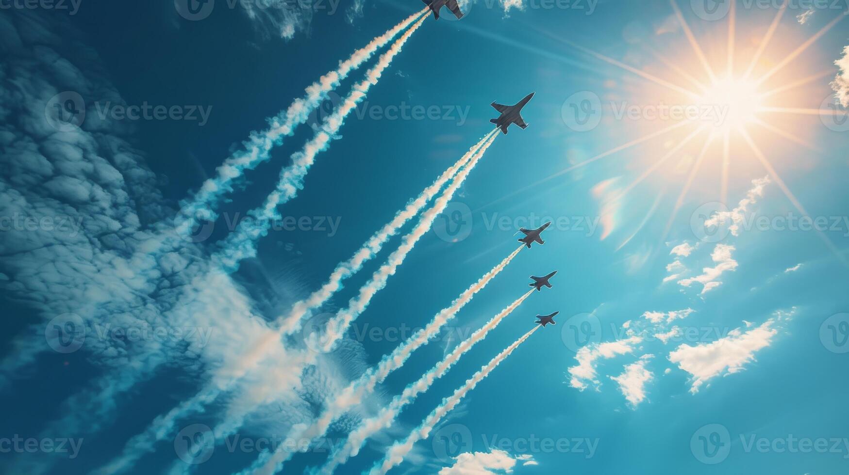 A formation of military jets ascends into the sky, leaving behind distinctive vapor trails. The backdrop features a bright sun and a few wispy clouds, creating a striking contrast. photo