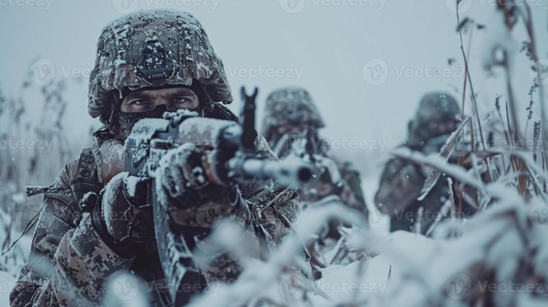 Military personnel dressed in winter camouflage focus intently as they prepare for a mission in a snowy landscape, highlighting teamwork and resilience in challenging weather. photo