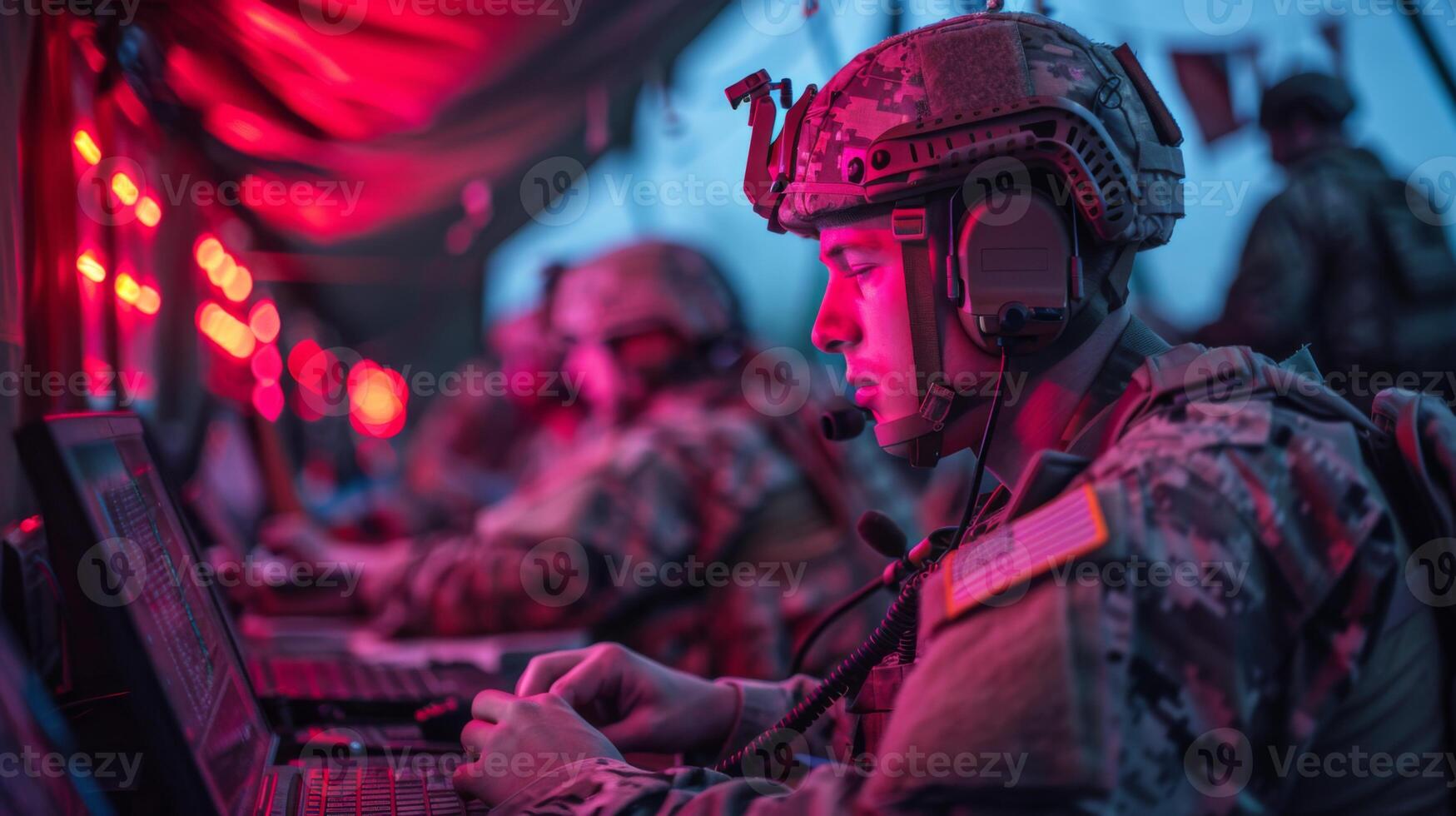 Soldiers focus on their tasks at a command center, utilizing laptops and communication equipment in a dimly lit environment with red lighting. photo