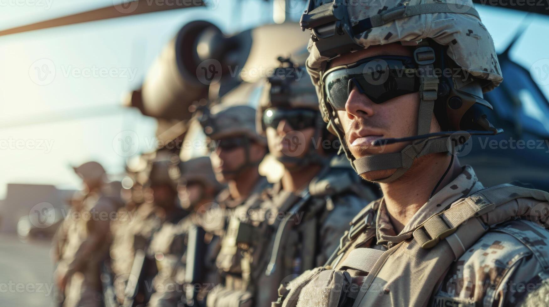 Soldiers in tactical uniforms stand in a straight line with serious expressions as helicopters hover nearby, creating a backdrop during the sunset hours, showcasing military preparedness. photo