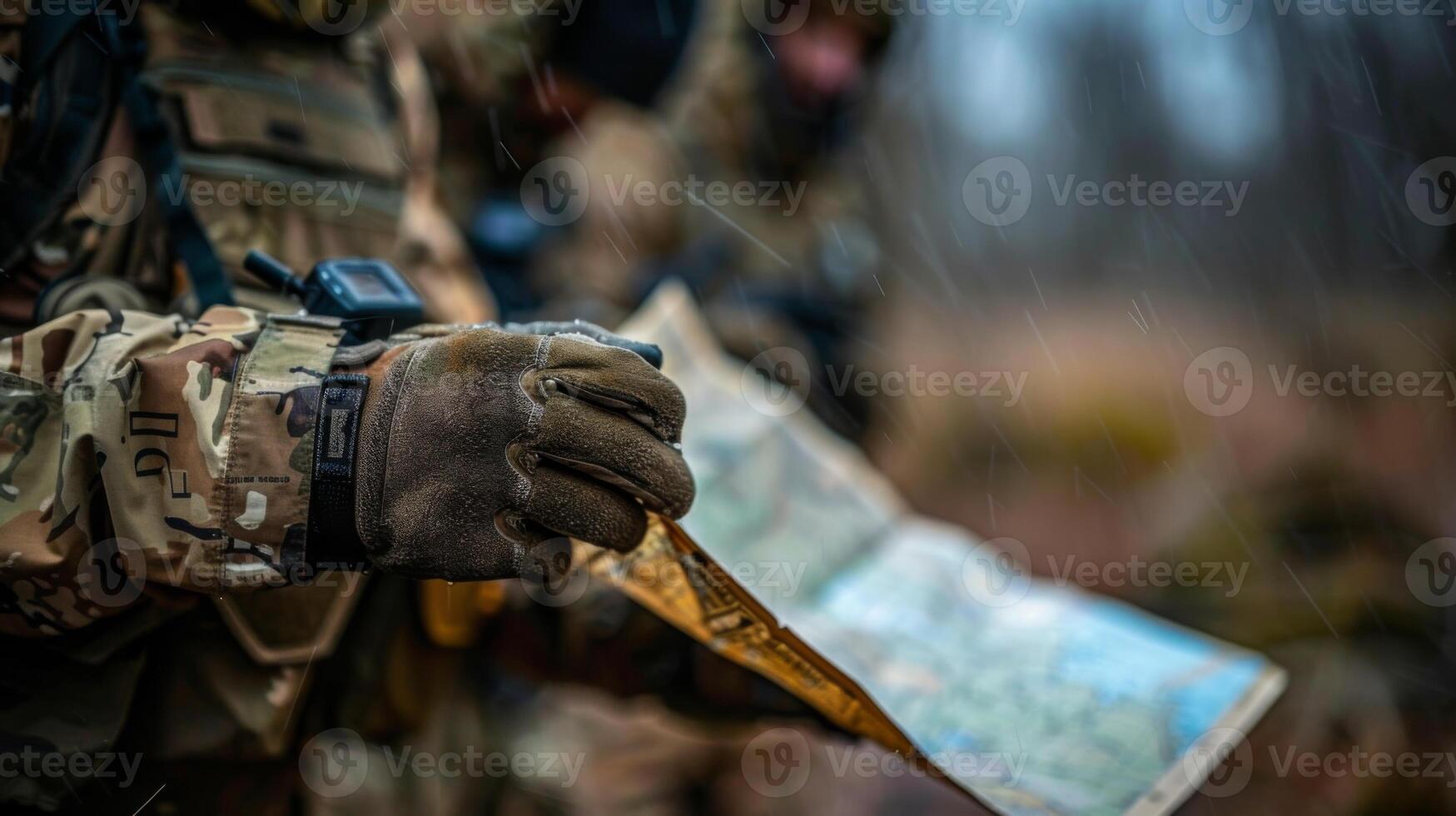 Troops closely examine a map while strategizing their next move in a woodland area. The focus is on teamwork and navigation skills while adjusting to challenging conditions. photo