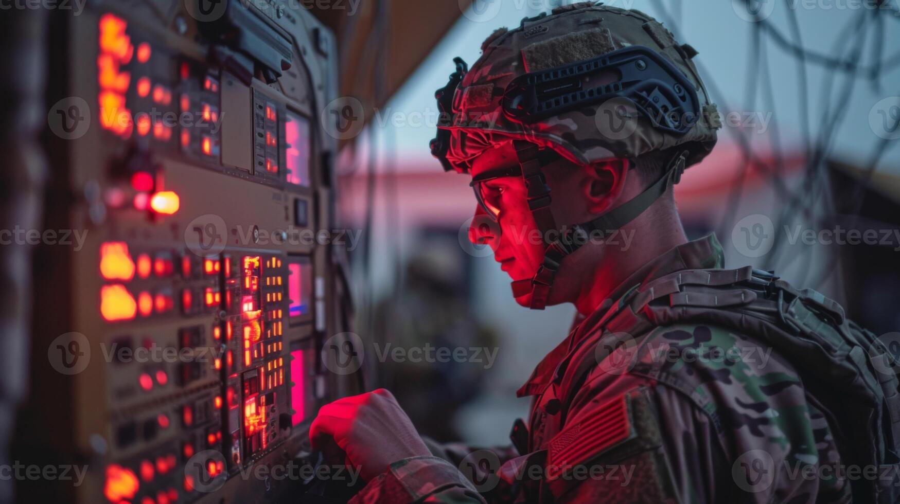A soldier in tactical gear works diligently on a communication device as twilight descends, surrounded by military personnel engaged in various tasks. photo