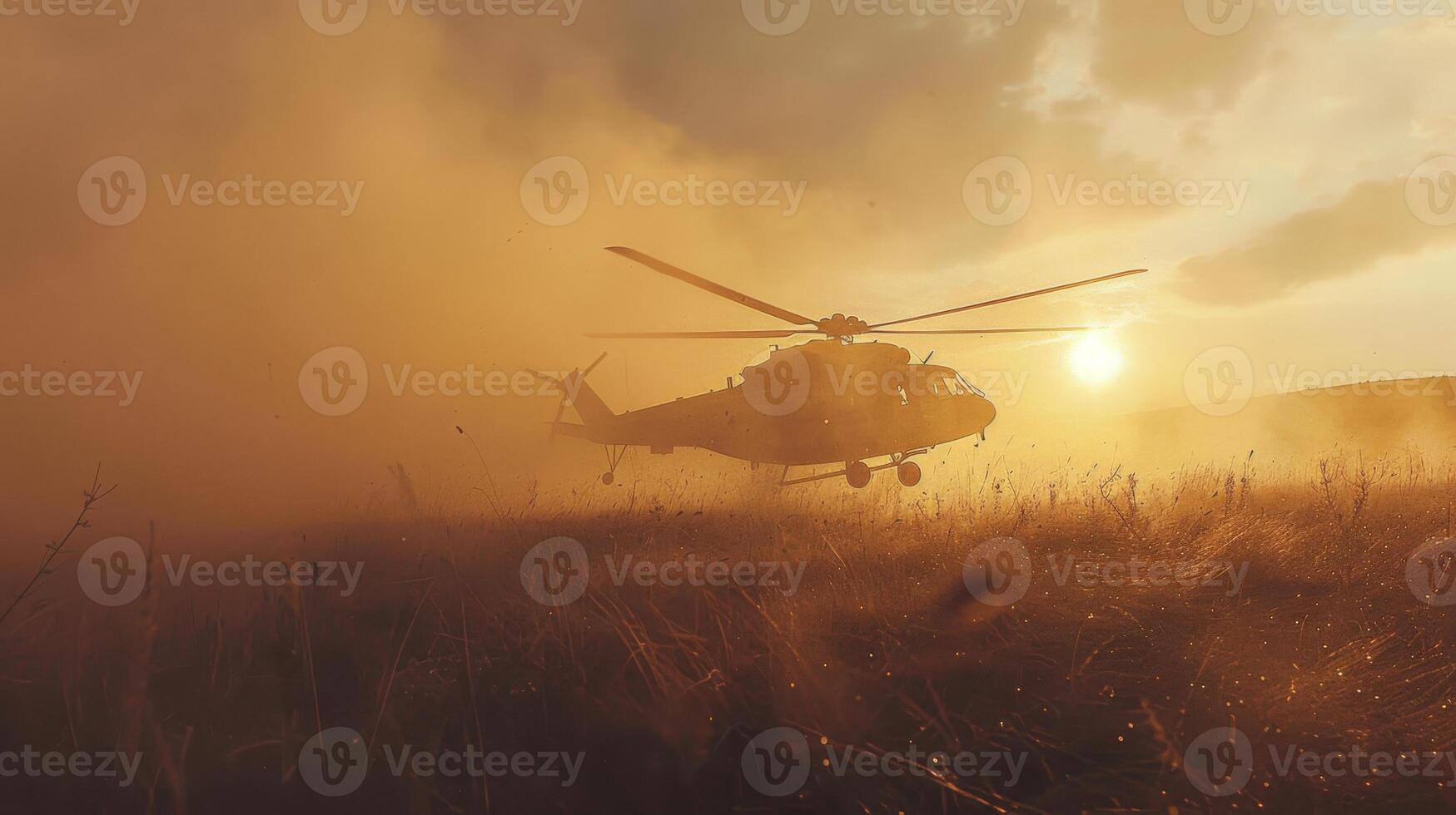 A helicopter is lifting off from a grassy field at sunset, kicking up dust while the orange sun sets in the background, creating a dramatic and atmospheric moment. photo