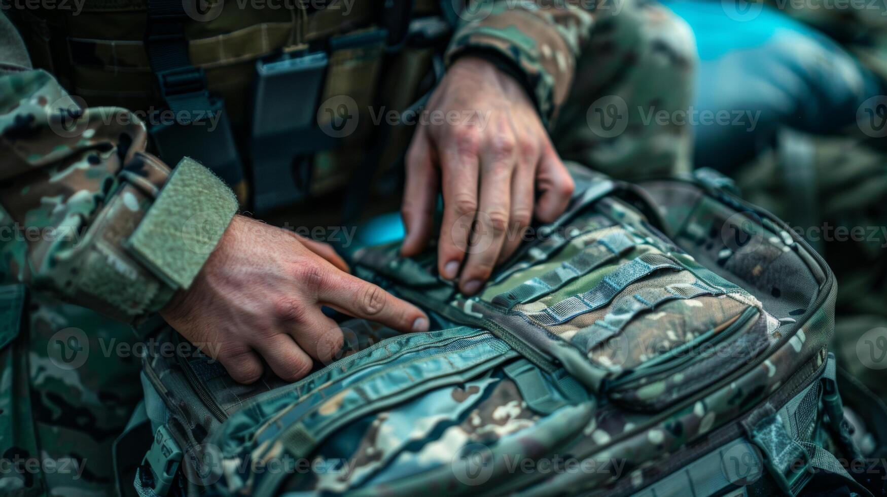 A soldier carefully arranges tactical equipment in a camouflage backpack, focused on preparing for an upcoming mission at a military camp in the early morning. photo