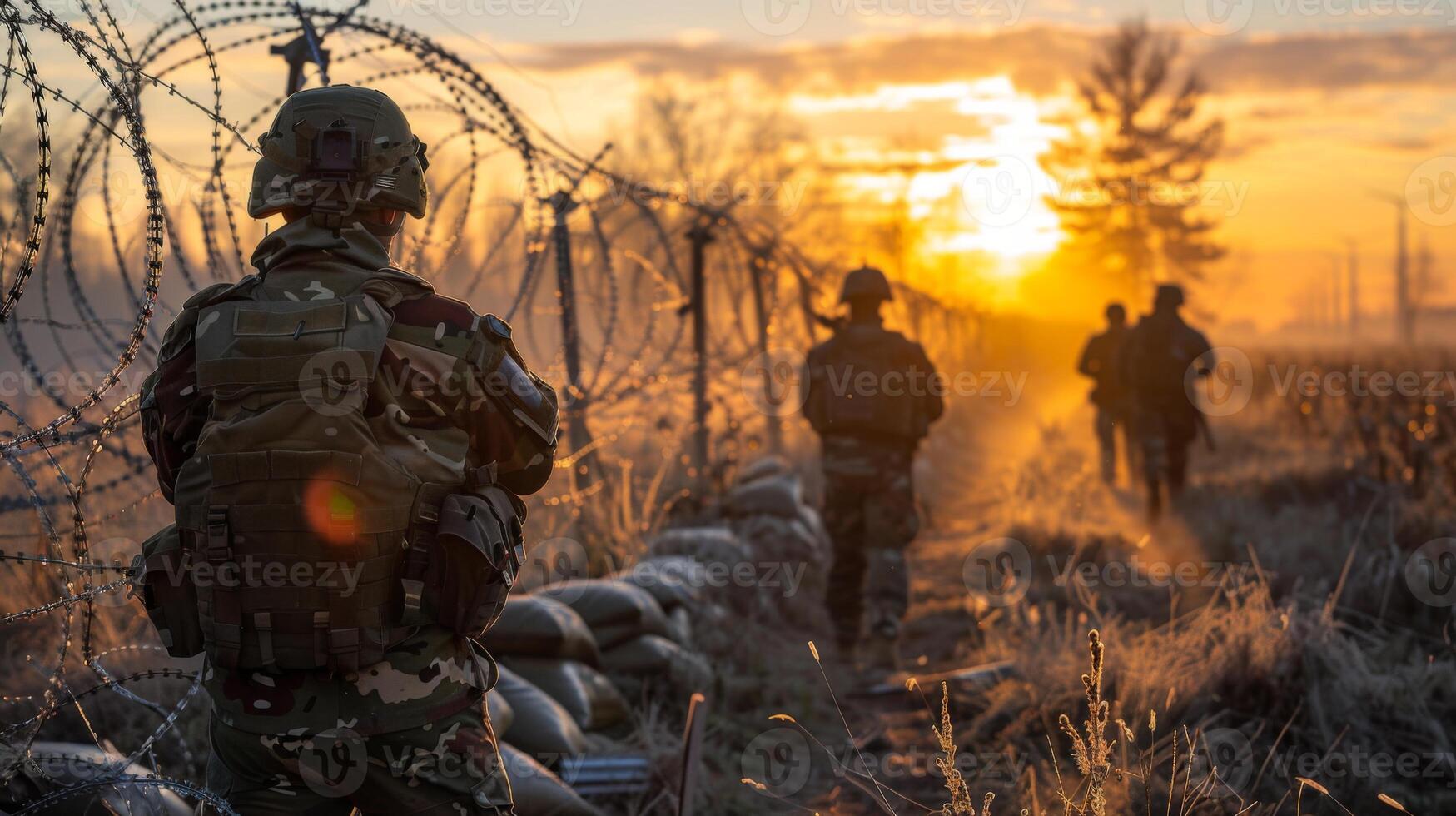 Military personnel conduct a patrol along a barbed wire fence at dawn, with the sun rising in the background, casting an orange glow on the misty terrain. photo