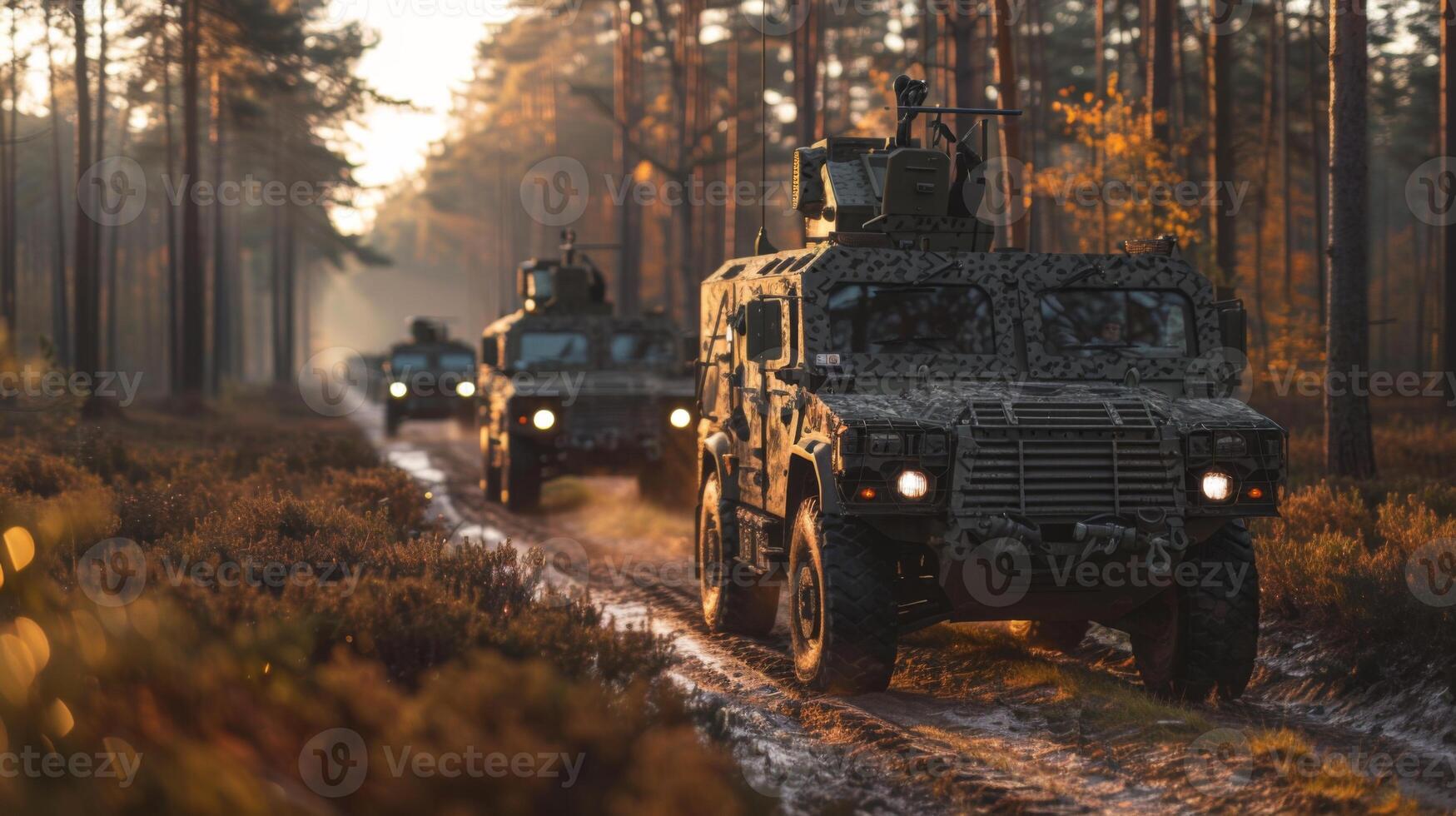 Group of military vehicles drives along a muddy forest trail surrounded by tall trees and vibrant autumn foliage at dawn, emphasizing rigorous training activities. photo