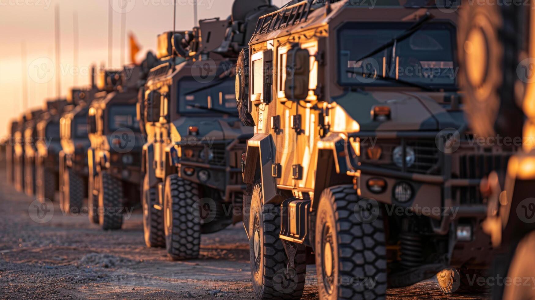 Heavy military vehicles are positioned in a straight line as the sun sets, highlighting their rugged design and showcasing the readiness for upcoming exercises in the field. photo