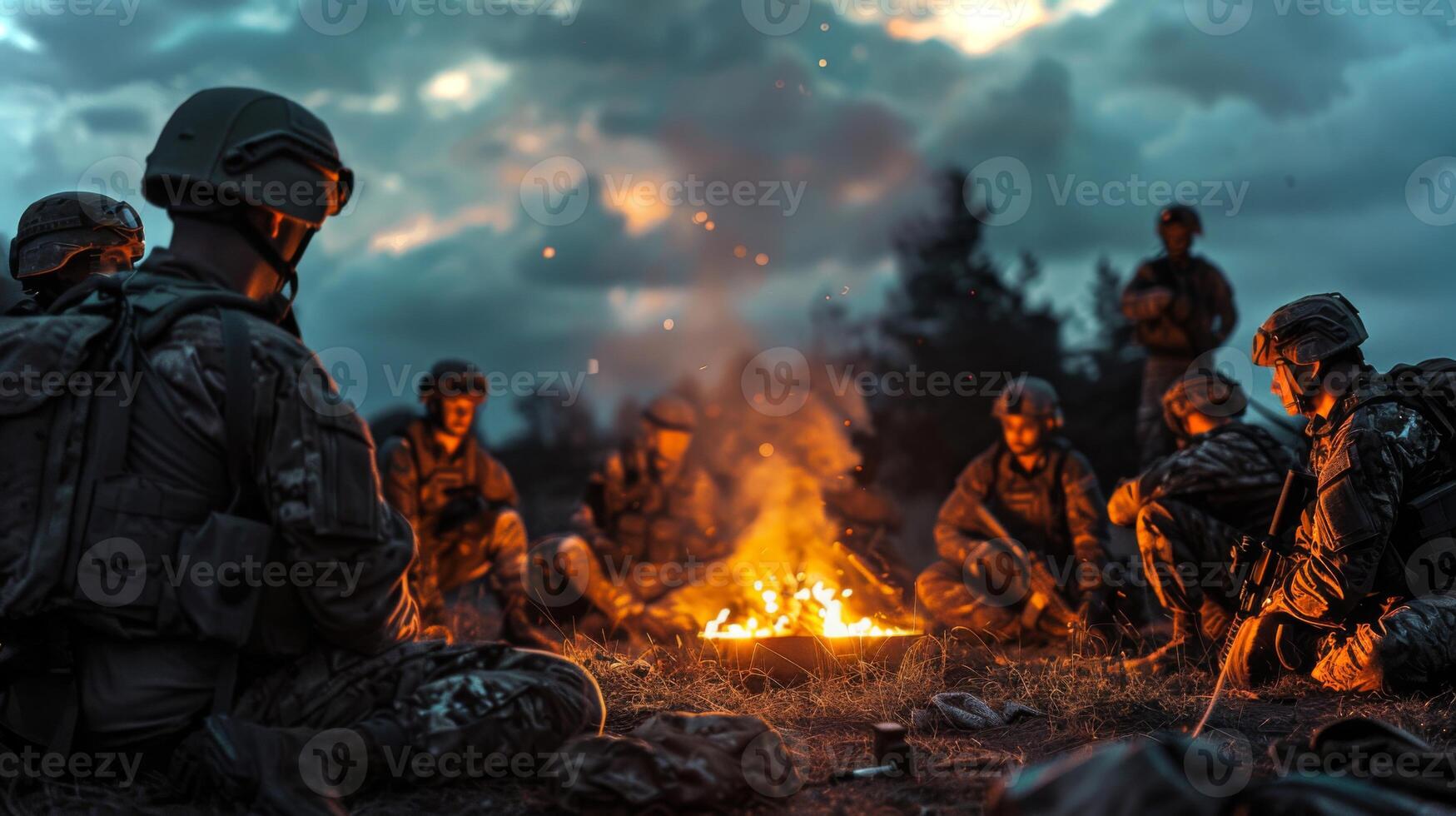 Around a campfire, a group of soldiers enjoys the warmth and light as twilight sets in, fostering a sense of unity and reflection in a secluded wilderness photo
