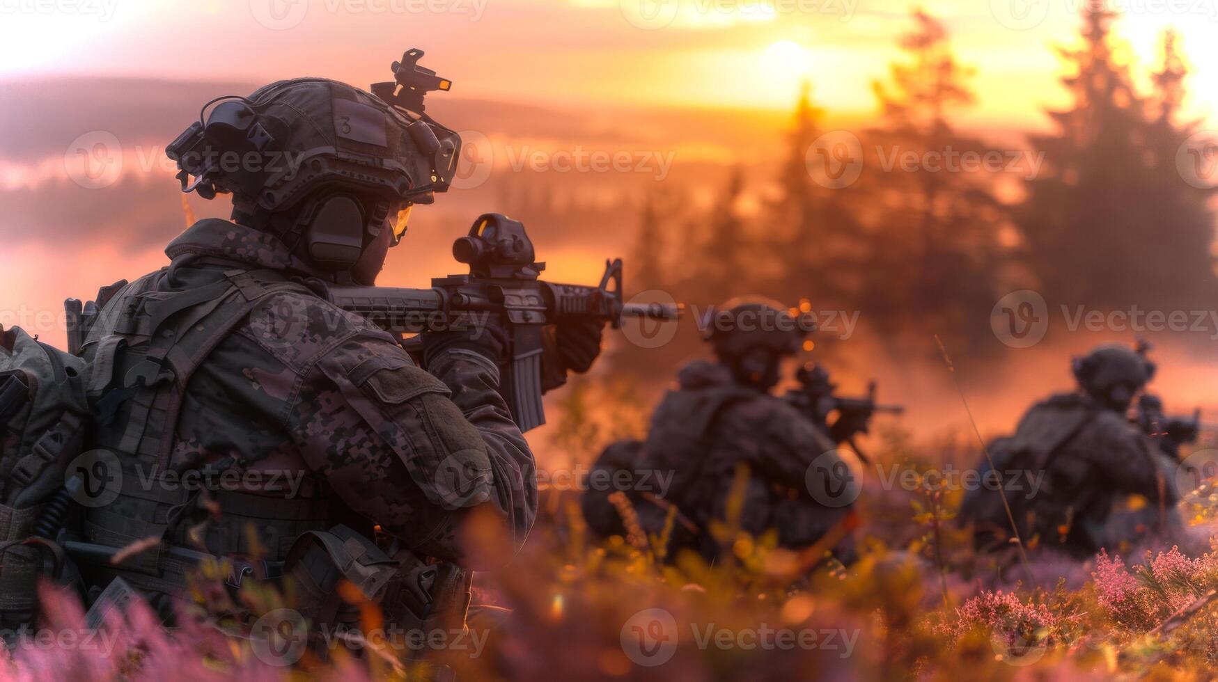 Military personnel are crouched in a tactical formation amidst the foliage, preparing for a mission as the sun sets, casting a warm glow over the scene and creating a dramatic backdrop. photo