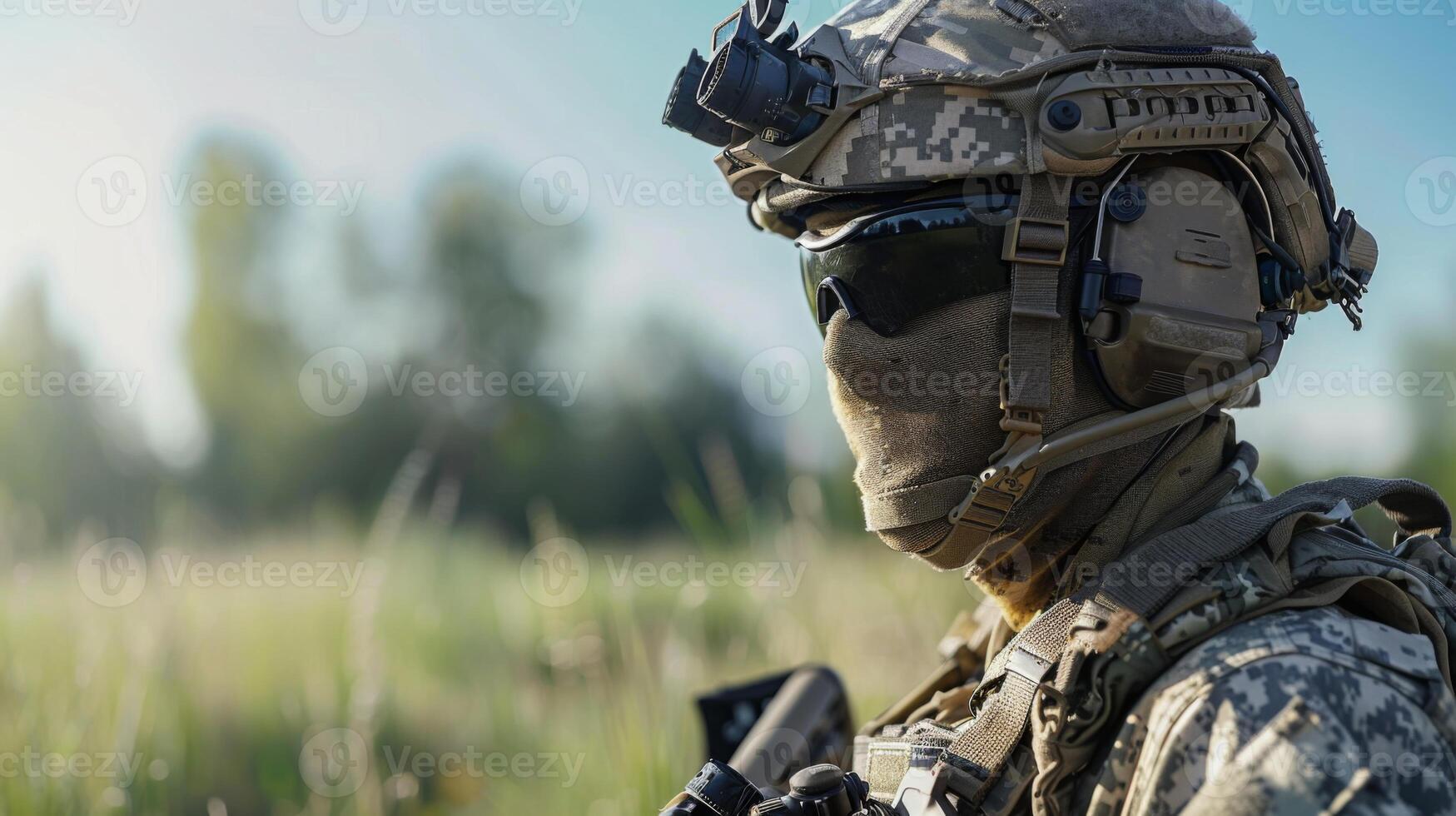 A soldier stands alert in a lush field, wearing military gear and protective sunglasses. The sunlight filters through trees, highlighting his focused demeanor and readiness for action. photo