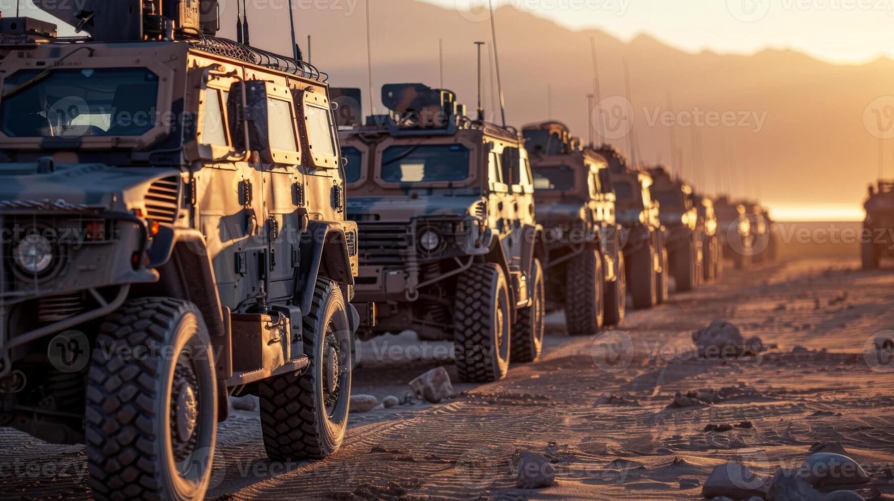 Rows of military vehicles are parked in a dusty desert area during sunset, highlighting the rugged terrain and the strategic positioning of the fleet in the golden light. photo