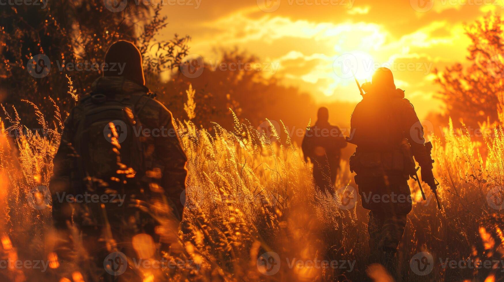 Three soldiers are walking together through fields of tall grass as the sun sets in the background, casting a warm glow over the landscape. photo