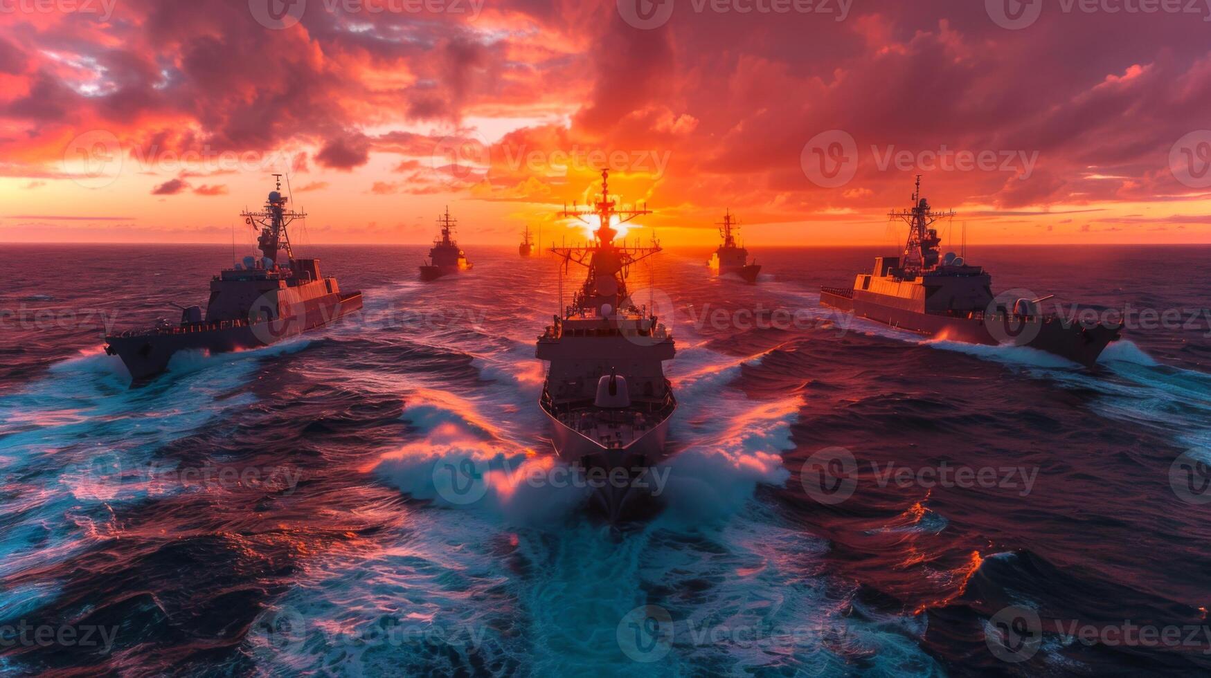 Six naval vessels maneuver in formation across the ocean under a breathtaking sunset, highlighting the teamwork and precision of maritime operations. photo