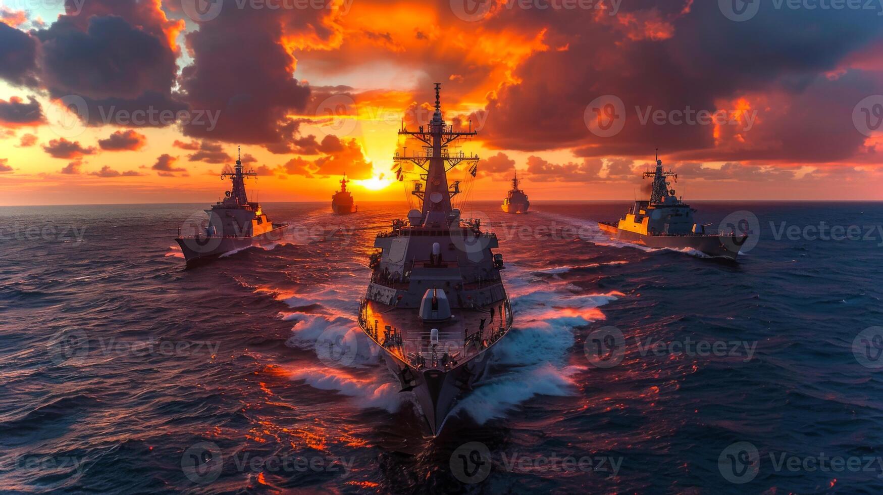 A naval fleet conducts maneuvers in open waters at sunset, featuring advanced warships silhouetted against a dramatic sky filled with vibrant colors and clouds. photo